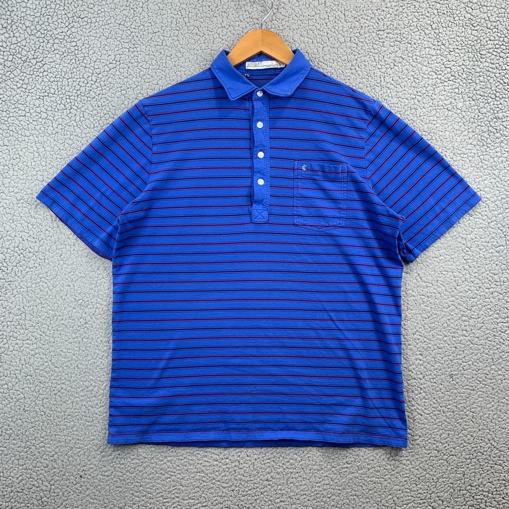 Criquet Polo Shirt Mens Blue Striped Organic Cotton Collared Pocket Size Large